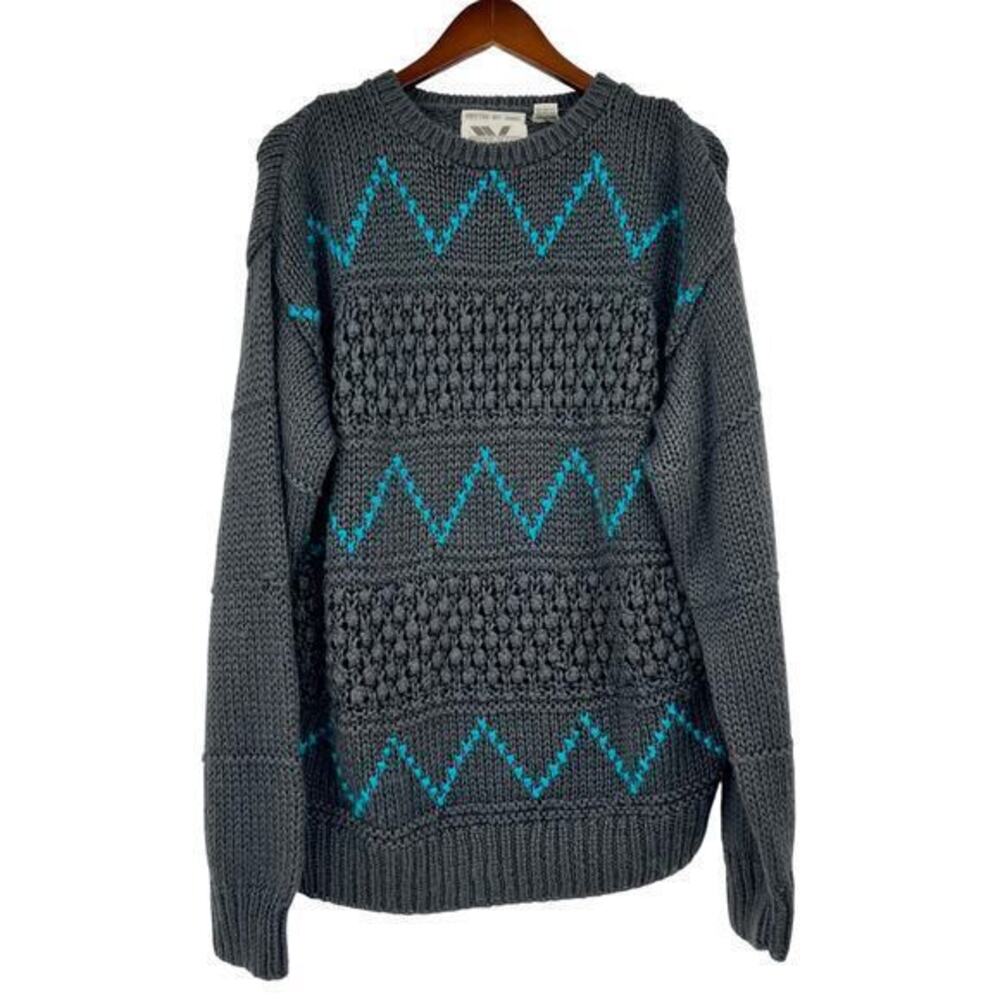 Vintage Wayne Scott knitted by hand mens gray & blue long sleeve sweater medium